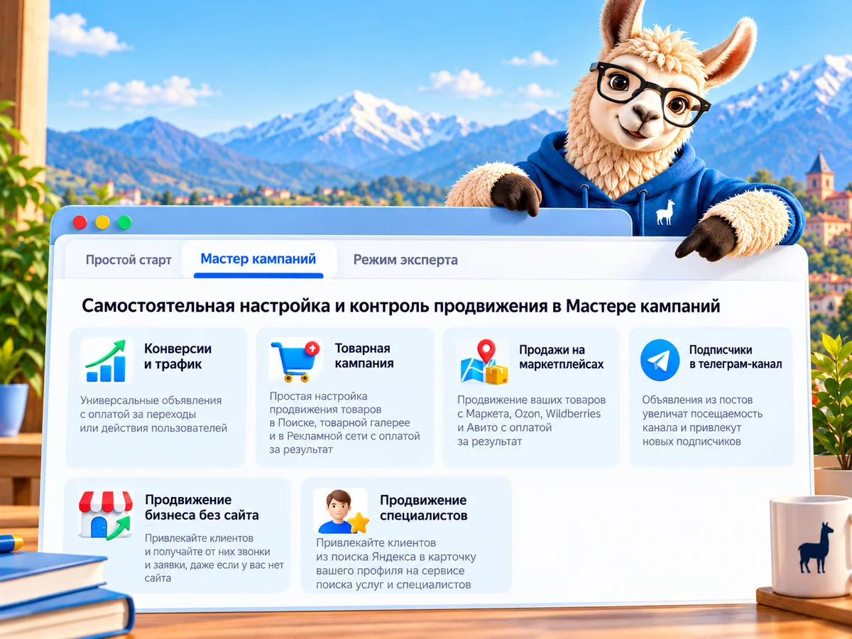 Окно создания кампании в Яндекс Директе: вкладки «Простой старт», «Мастер кампаний» и «Режим эксперта», способы запуска «Конверсии и трафик», товарная кампания, продажи на маркетплейсах, подписчики в телеграм-канал, продвижение бизнеса без сайта, продвижение специалистов