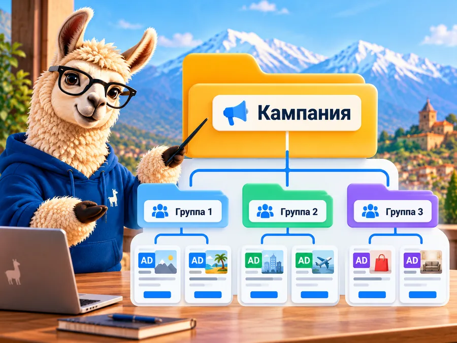 Схема структуры рекламной кампании: кампания, три группы объявлений, в каждой по два объявления