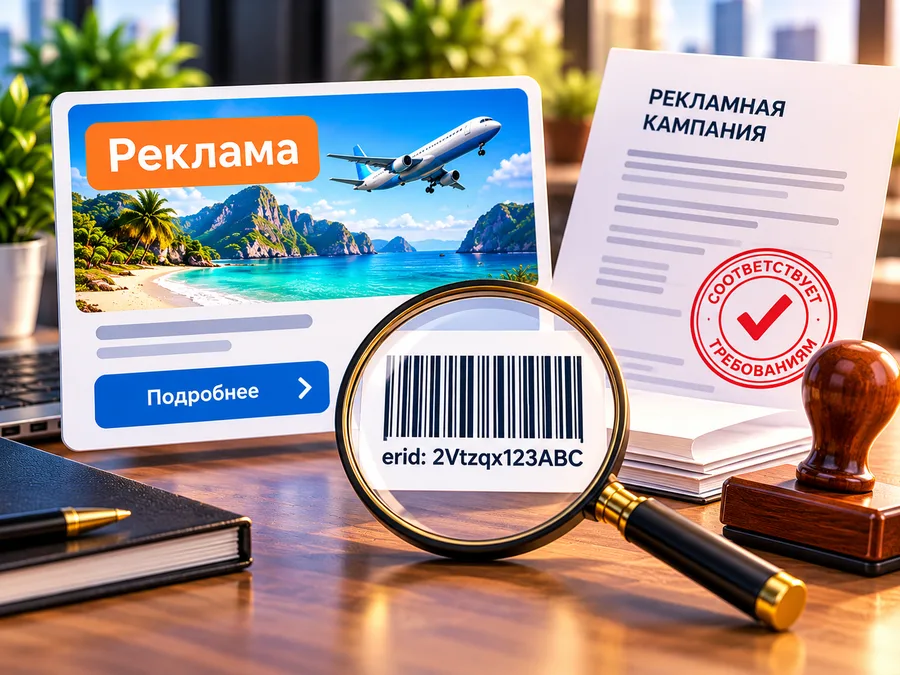 Рекламный баннер с пометкой «Реклама», лупа над кодом erid, документ с печатью «Соответствует требованиям»