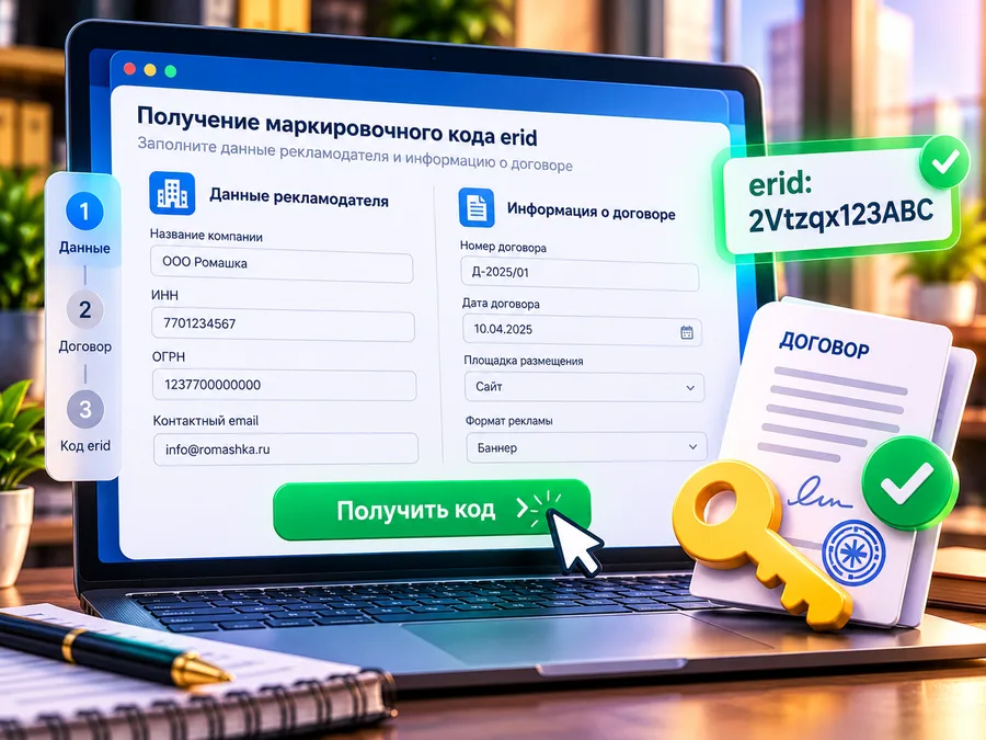 Ноутбук с формой получения кода erid, данными рекламодателя и договора, кнопкой «Получить код», золотой ключ и договор
