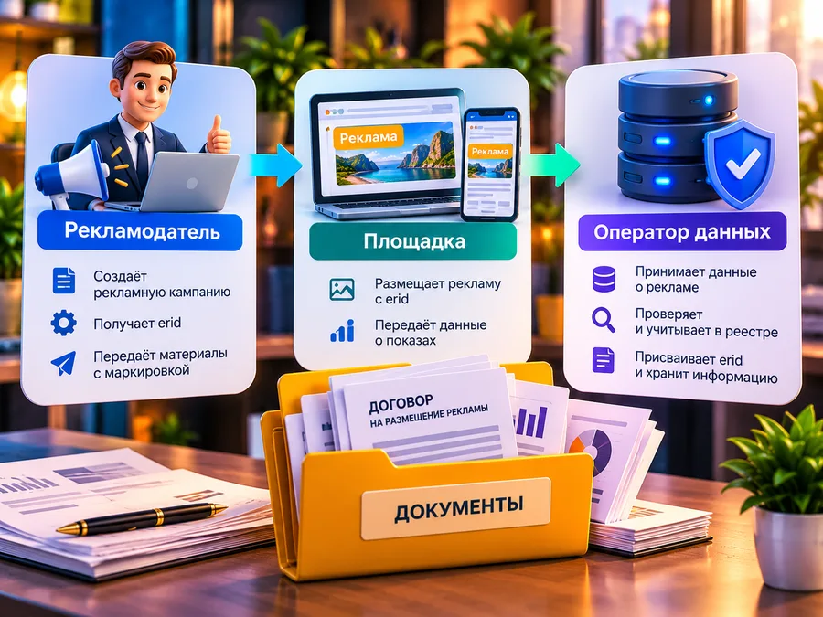 Схема из трёх блоков: рекламодатель, площадка и оператор данных, внизу папка с документами и договором