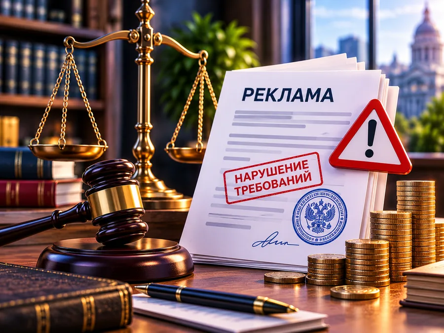 Весы, судейский молоток, документ «Реклама» с пометкой о нарушении, знак предупреждения и стопки монет