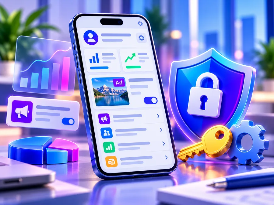 Смартфон с кабинетом рекламодателя, графики, переключатели, щит с замком, золотой ключ и шестерёнка: подключение рекламного аккаунта