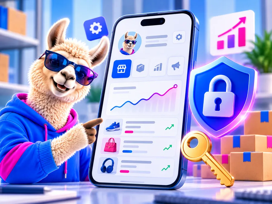 Лама со смартфоном, на экране кабинет продавца, рядом щит с замком и золотой ключ: подключение рекламного аккаунта
