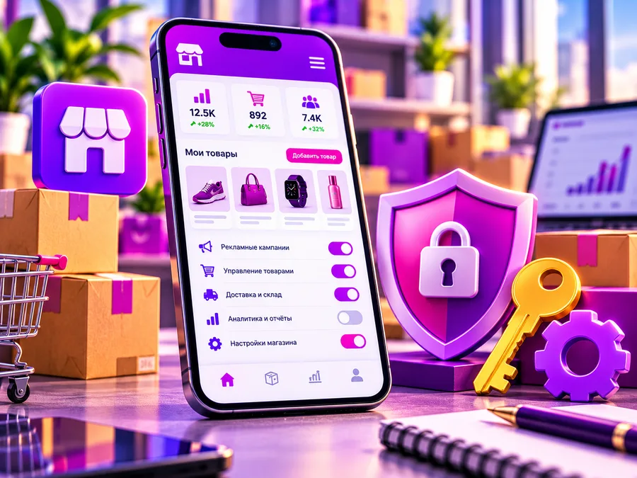 Смартфон с кабинетом продавца и переключателями настроек, щит с замком, золотой ключ и шестерёнка: подключение рекламного кабинета